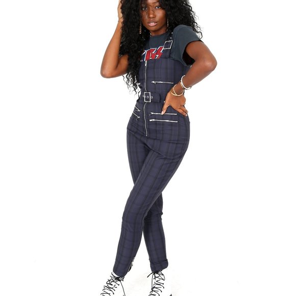 WeWoreWhat Moto Jumpsuit Navy Plaid NWT - Picture 5 of 10